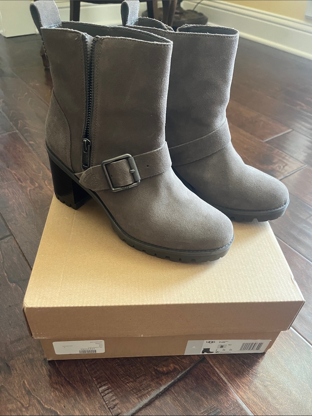 UGG Gray Suede Mid-Heel Ankle Boot with Buckle